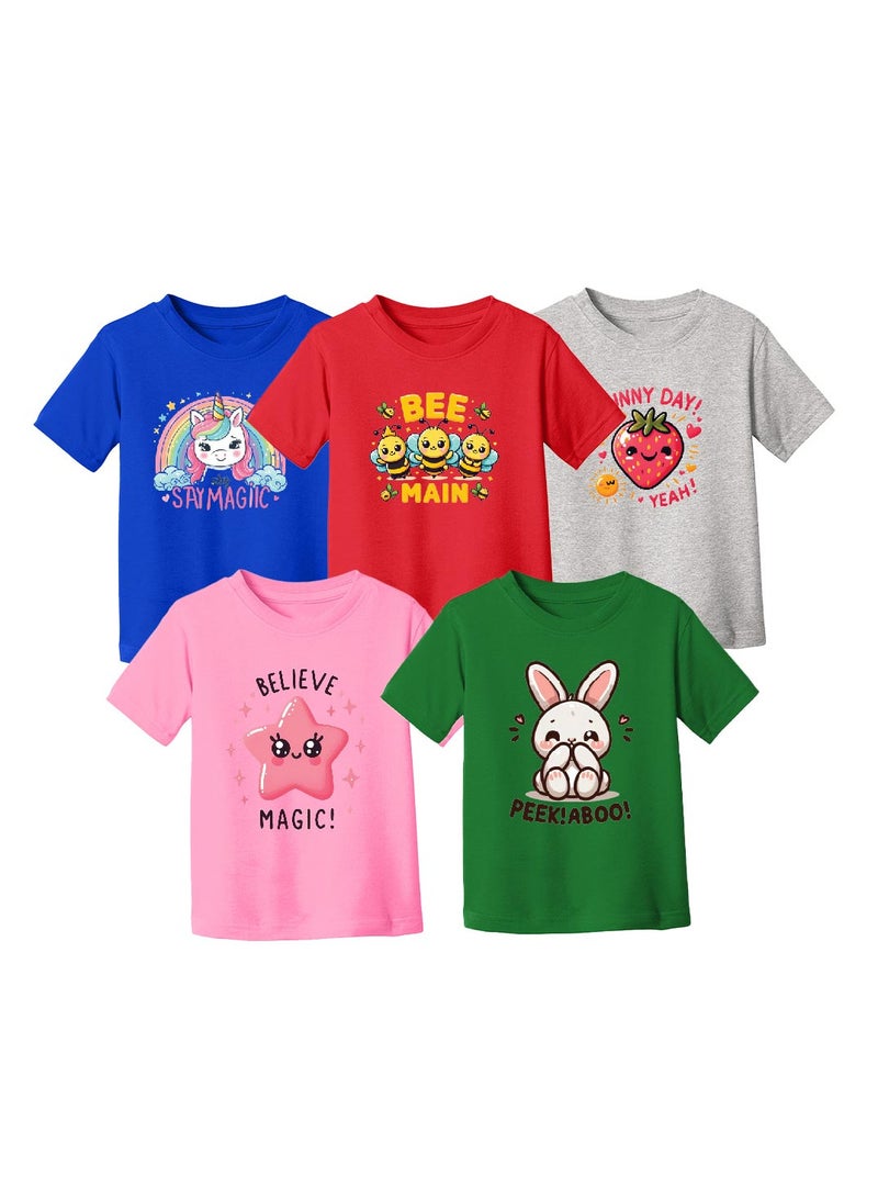 برينت شوب فور مي مجموعة مكونة من 5 تي شيرتات بناتي أنيق - تي شيرت كومبو مطبوع بأكمام قصيرة للفتيات - تي شيرت برقبة دائرية للفتيات - تي شيرت كومبو للأطفال - Image 1