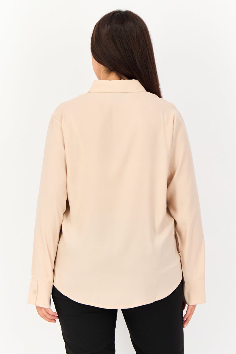 XOXO Women Pointed Collar Long Sleeve Plain Shirt, Light Beige - Image 3