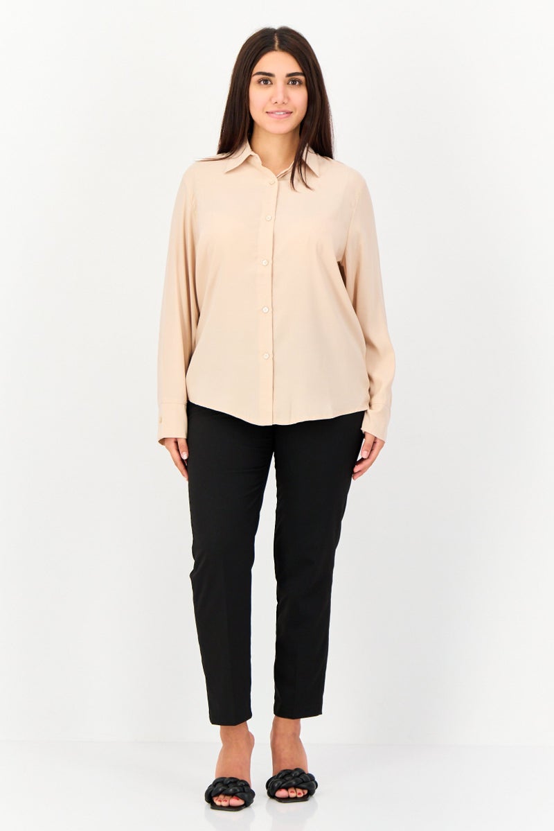XOXO Women Pointed Collar Long Sleeve Plain Shirt, Light Beige - Image 4
