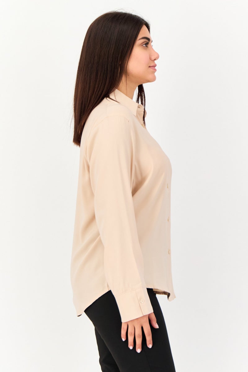 XOXO Women Pointed Collar Long Sleeve Plain Shirt, Light Beige - Image 2