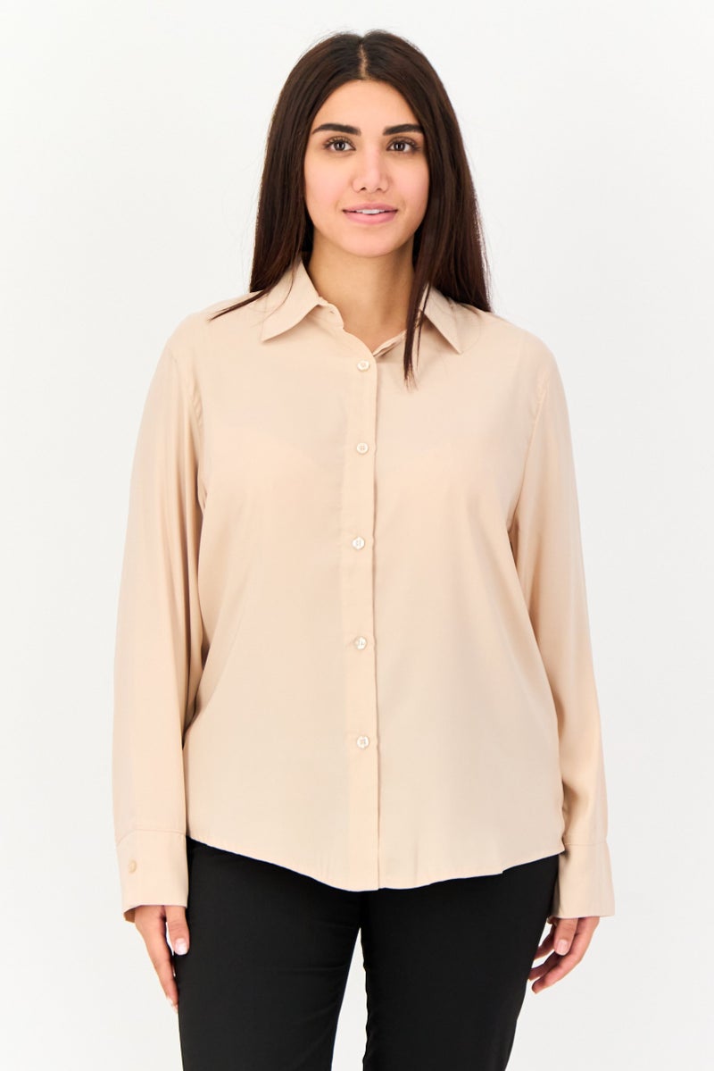 XOXO Women Pointed Collar Long Sleeve Plain Shirt, Light Beige - Image 1