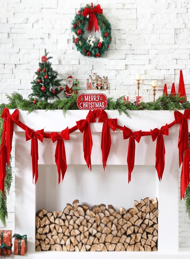 Suncalla 6 ft Christmas Velvet Bow Garland Pre-Strung 10 Red Bow Garland Decoration Xmas Hanging Ornaments Party Banner for Xmas Tree Fireplace Staircase Winter Coquette Birthday Party Decor - Image 1