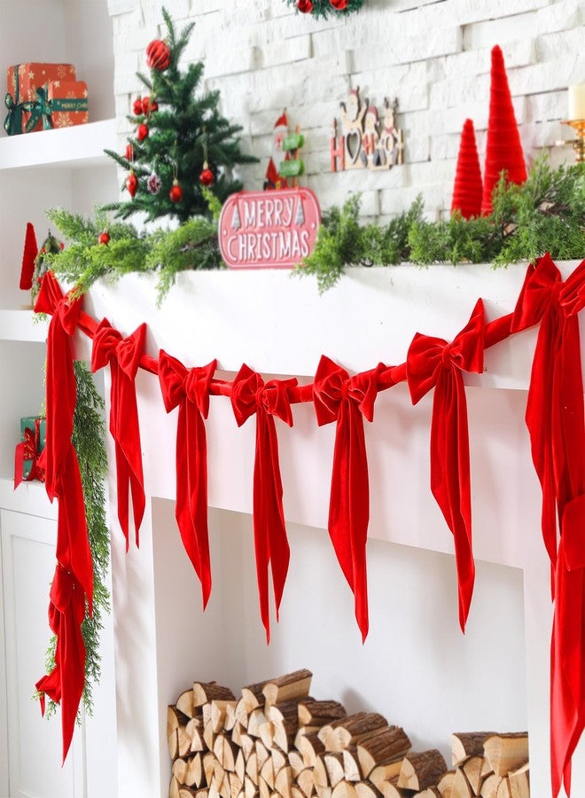 Suncalla 6 ft Christmas Velvet Bow Garland Pre-Strung 10 Red Bow Garland Decoration Xmas Hanging Ornaments Party Banner for Xmas Tree Fireplace Staircase Winter Coquette Birthday Party Decor - Image 2