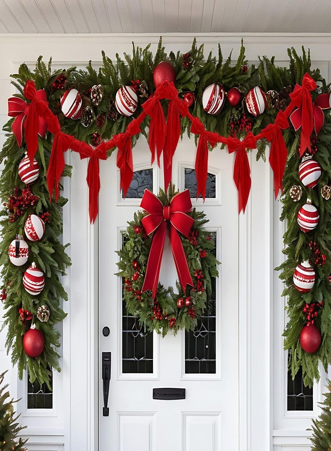 Suncalla 6 ft Christmas Velvet Bow Garland Pre-Strung 10 Red Bow Garland Decoration Xmas Hanging Ornaments Party Banner for Xmas Tree Fireplace Staircase Winter Coquette Birthday Party Decor - Image 3