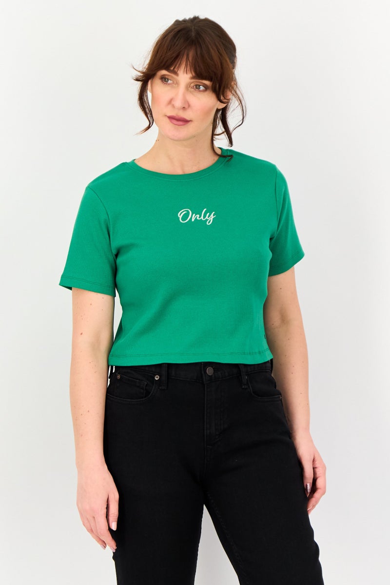 ONLY Women Crew Neck Short Sleeve Embroidered Logo T-Shirts, Green - Image 1
