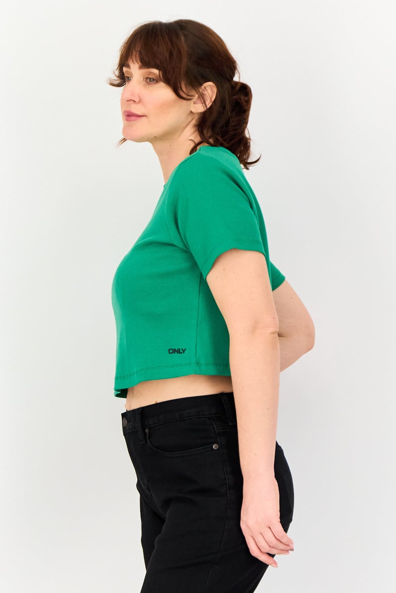 ONLY Women Crew Neck Short Sleeve Embroidered Logo T-Shirts, Green - Image 2