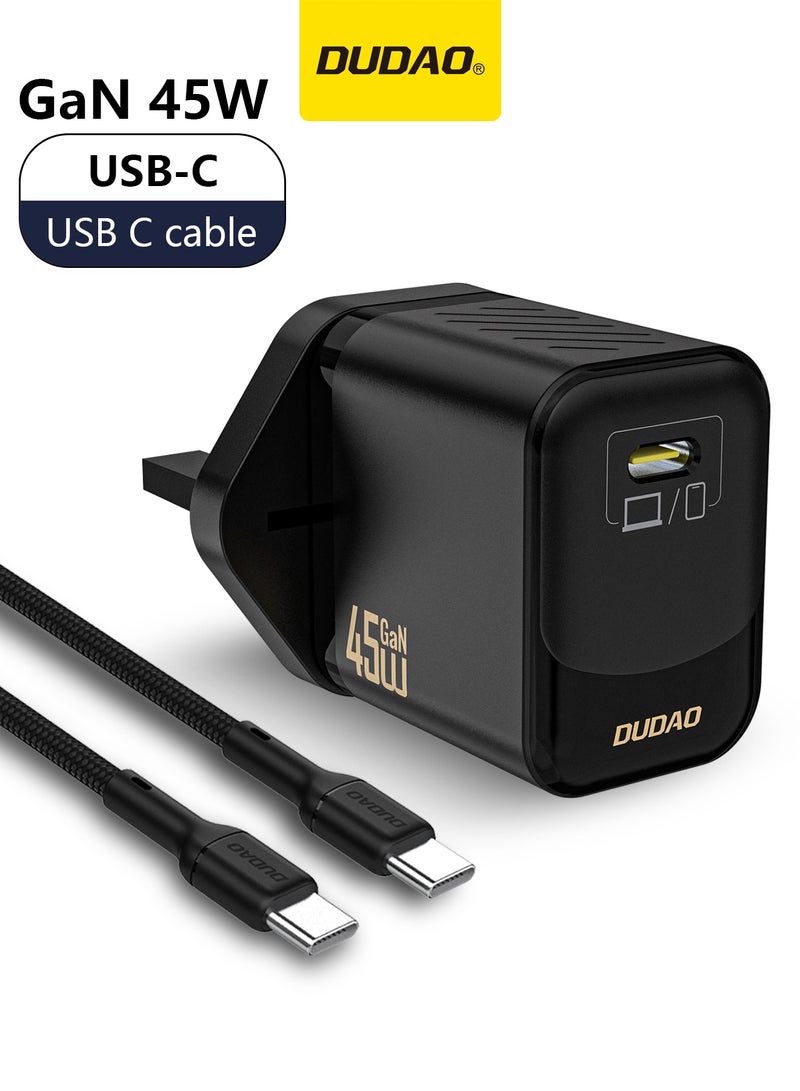 دوداو شاحن سريع بقوة 45 واط بتقنية GaN مع كابل Type-C، محول طاقة USB-C، شاحن حائطي مدمج مزود بدائرة تحكم ذكية بدرجة الحرارة، وحماية متعددة من 9 طبقات، شاحن Type-C لهواتف iPhone 15، Samsung Galaxy، Huawei، iPad، MacBook، Xiaomi، وأجهزة اللابتوب. - Image 1