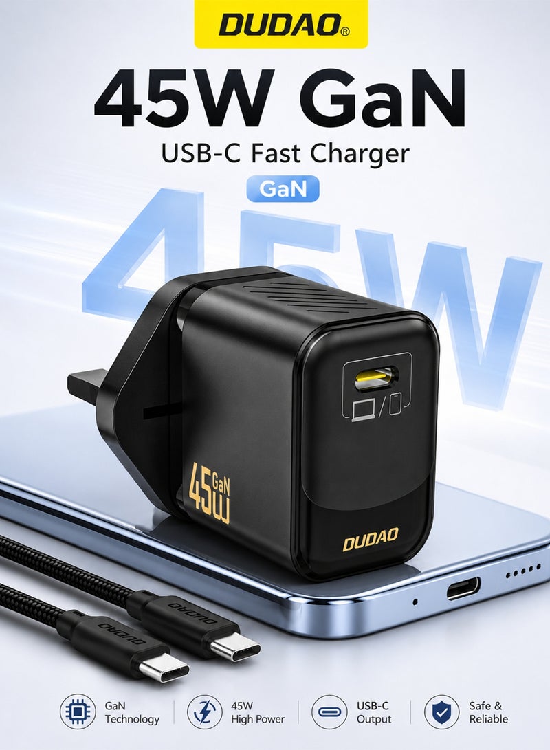 دوداو شاحن سريع بقوة 45 واط بتقنية GaN مع كابل Type-C، محول طاقة USB-C، شاحن حائطي مدمج مزود بدائرة تحكم ذكية بدرجة الحرارة، وحماية متعددة من 9 طبقات، شاحن Type-C لهواتف iPhone 15، Samsung Galaxy، Huawei، iPad، MacBook، Xiaomi، وأجهزة اللابتوب. - Image 1