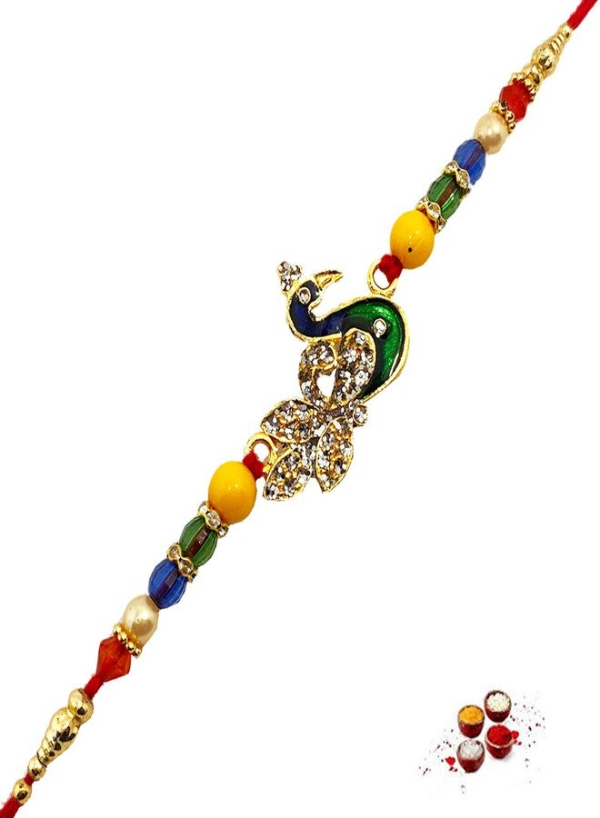 brown leaf® Beautiful Peacock Rakhi Raksha Sutra Bracelets With White Stone Work Rakhi For Beloved Brother - Image 4