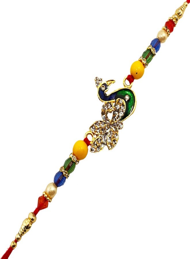 brown leaf® Beautiful Peacock Rakhi Raksha Sutra Bracelets With White Stone Work Rakhi For Beloved Brother - Image 2