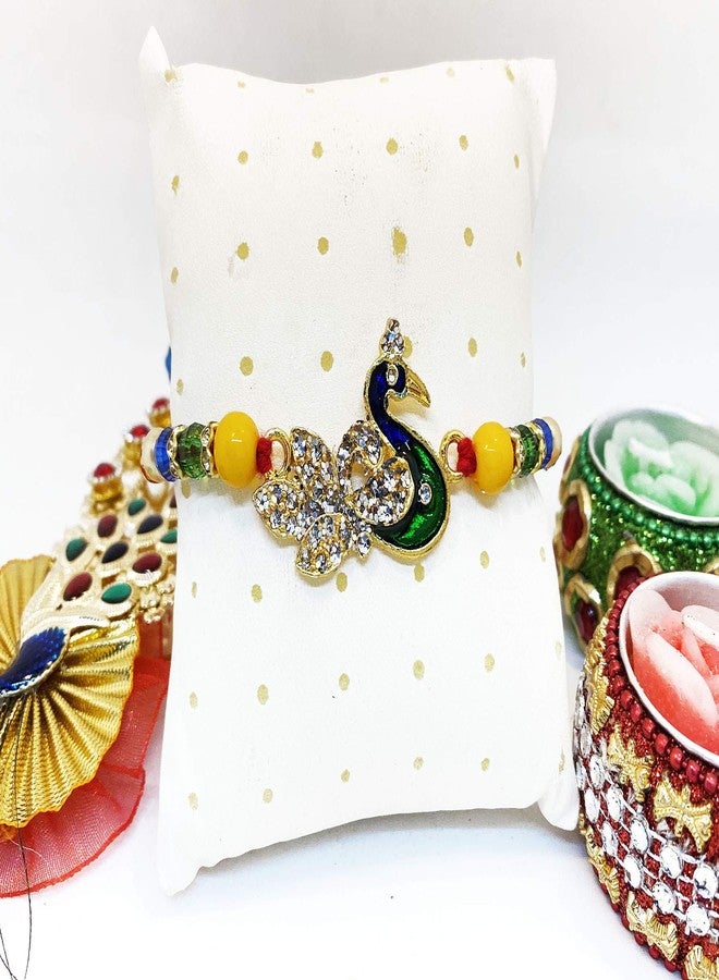 brown leaf® Beautiful Peacock Rakhi Raksha Sutra Bracelets With White Stone Work Rakhi For Beloved Brother - Image 3