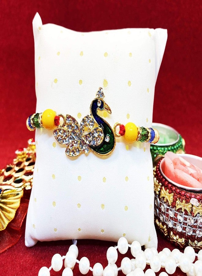 brown leaf® Beautiful Peacock Rakhi Raksha Sutra Bracelets With White Stone Work Rakhi For Beloved Brother - Image 1