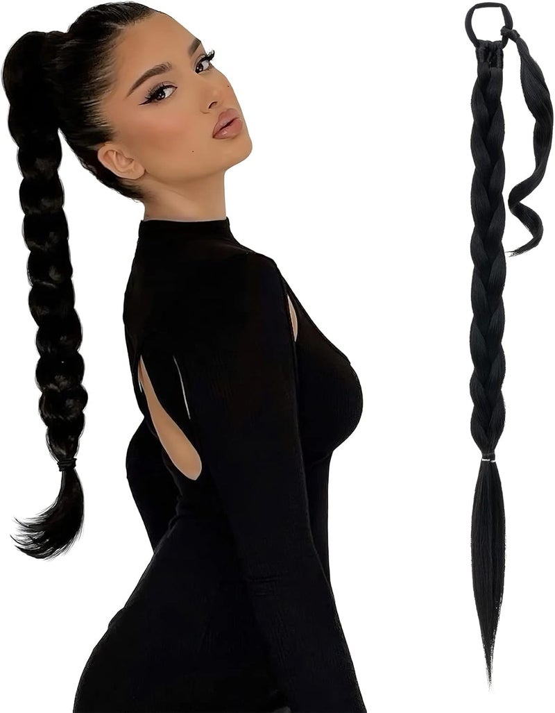 SEGO Long Braided Ponytail Extension With Elastic Hair Tie 150G Synthetic Hairpiece Straight Wrap Around Ponytail Hair Extensions 32 Inch Black