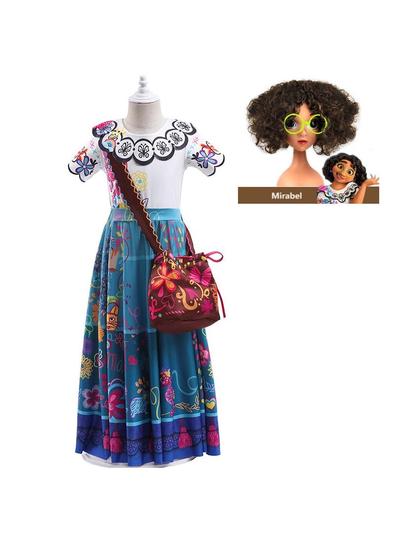 general 1 Set Of Encanto Mirabel Party Costume Dress For Girls With Wig Glasses And Bag Best Gift For Children's Day - Image 1