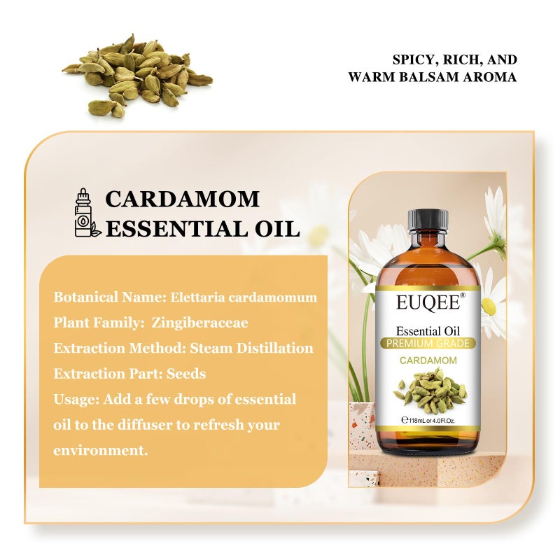 EUQEE Cardamon Essential Oil 118 ml Large Bottle Premium Cardamon Oil with Glass Dropper, Great for Diffusers, Candle & Soap Making-4oz - Image 2