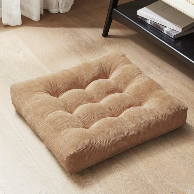 Degrees of Comfort Meditation Floor Pillow Square Large Pillows Seating for Adults Tufted Corduroy Floor Cushion for Living Room Tatami Coffee Brown 22x22 Inch 1 Count Pack of 1