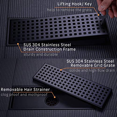 Orhemus Linear Shower Floor Drain with Removable Cover Grid Grate 12 inch Long Rectangle, SUS 304 Stainless Steel Matte Black Plated Finish - Image 5
