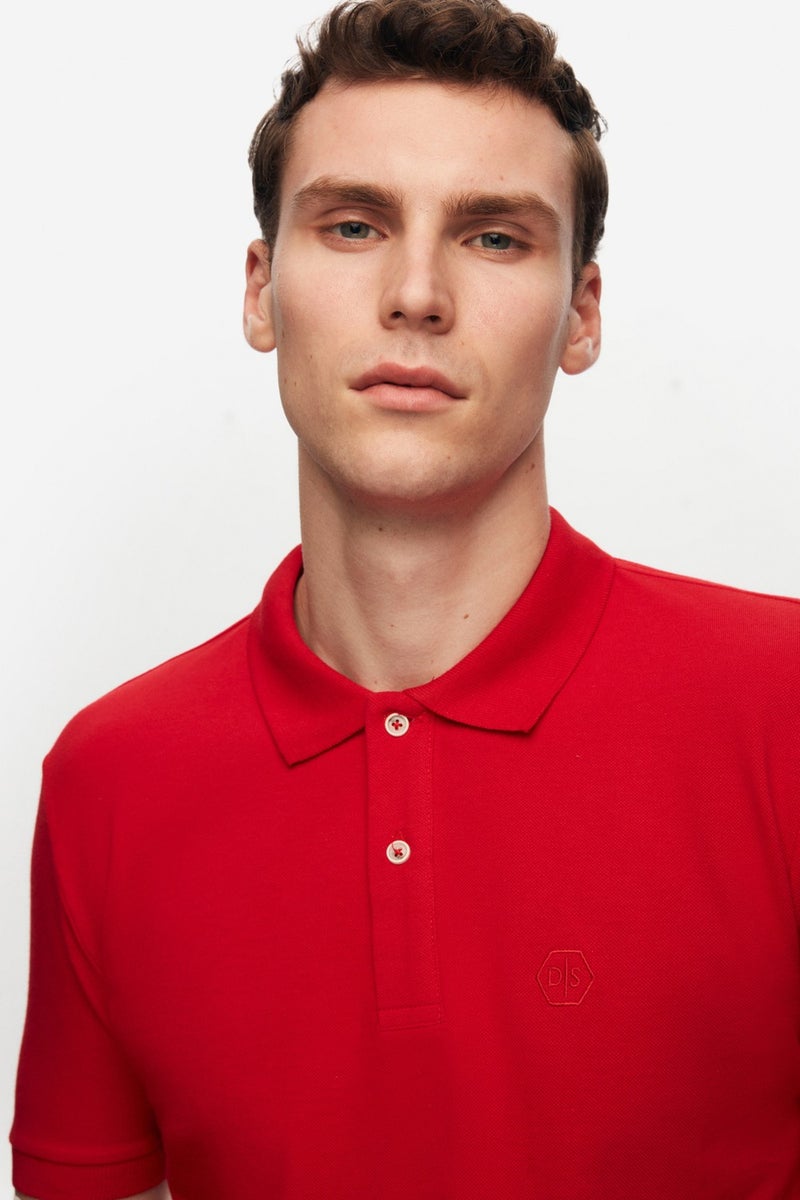 D'S DAMAT Regular Fit Red Pique Textured 100% Cotton Non-Curl Polo Collar Embroidered T-Shirt 4HC14ORT51000 - Image 3