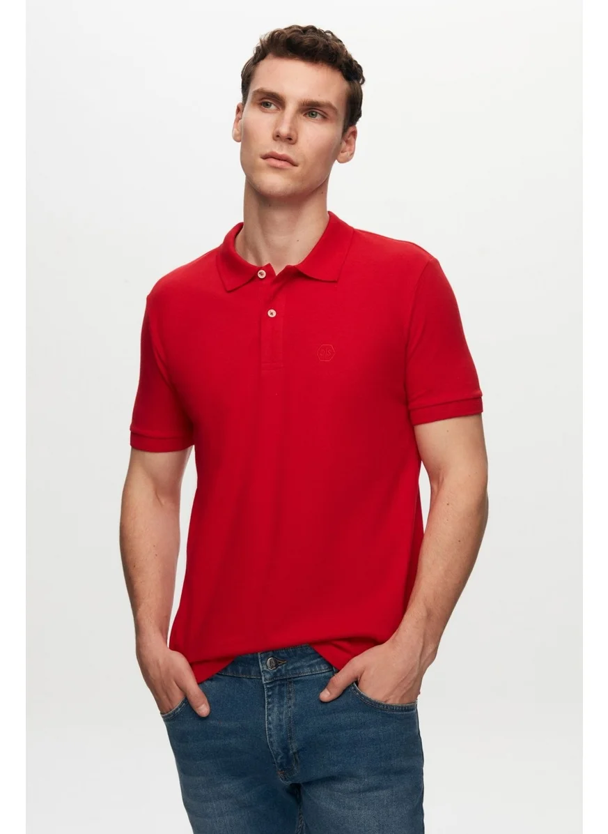 D'S DAMAT Regular Fit Red Pique Textured 100% Cotton Non-Curl Polo Collar Embroidered T-Shirt 4HC14ORT51000