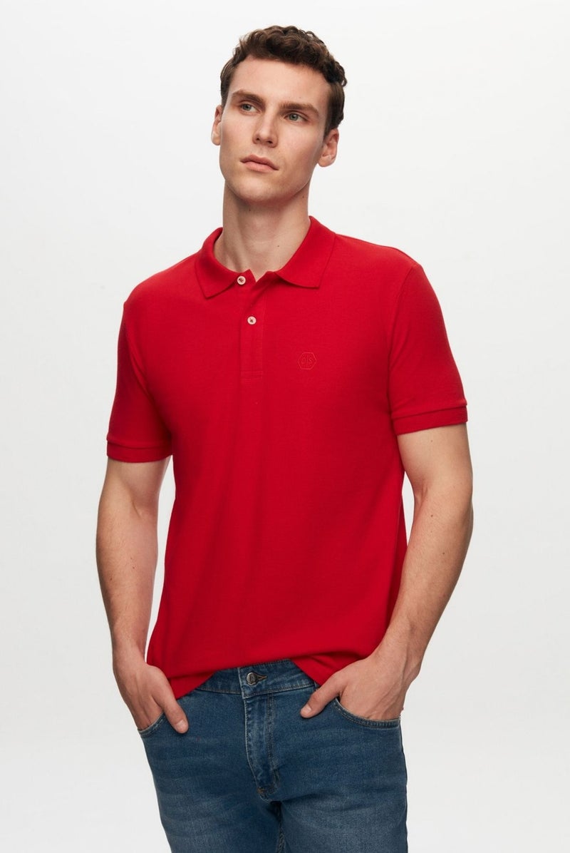 D'S DAMAT Regular Fit Red Pique Textured 100% Cotton Non-Curl Polo Collar Embroidered T-Shirt 4HC14ORT51000 - Image 1