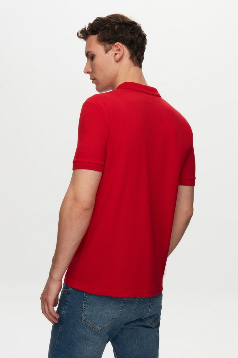 D'S DAMAT Regular Fit Red Pique Textured 100% Cotton Non-Curl Polo Collar Embroidered T-Shirt 4HC14ORT51000 - Image 4