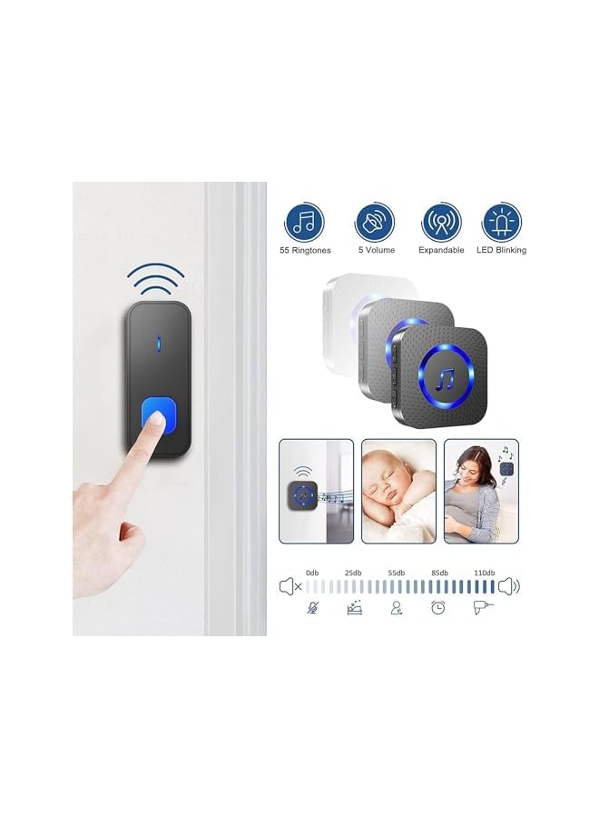 PROMASS جرس باب لاسلكي برومس، مجموعة جرس باب مقاومة للماء، تمييز الأبواب الأمامية والخلفية، صوت عالٍ بما يكفي للمنزل والفصل الدراسي، يعمل على مسافة 1,300 قدم مع 2 جهاز استقبال موصول ومجموعتين من أزرار التحكم عن بُعد - Image 4