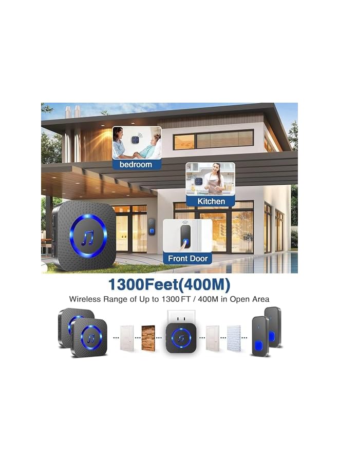 PROMASS جرس باب لاسلكي برومس، مجموعة جرس باب مقاومة للماء، تمييز الأبواب الأمامية والخلفية، صوت عالٍ بما يكفي للمنزل والفصل الدراسي، يعمل على مسافة 1,300 قدم مع 2 جهاز استقبال موصول ومجموعتين من أزرار التحكم عن بُعد - Image 5