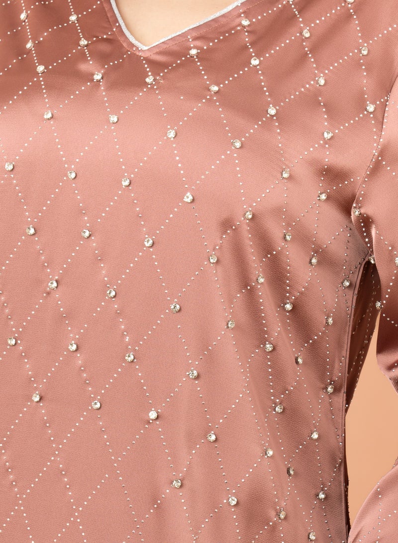 اكسا جلابية كرستال فخمة بني - Image 2