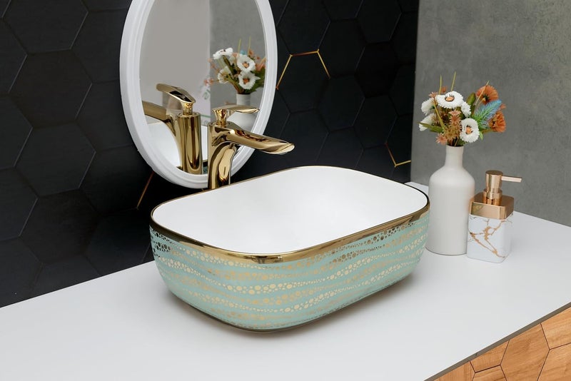 ACRAVIT CERAMIC Designer Table Top Ceramic Wash Basin Vessel Sink with Slim Rim Collapsible Countertop Basin OverCounter Bathroom Sink Green Golden446 X 320 X 135 MM - Image 1
