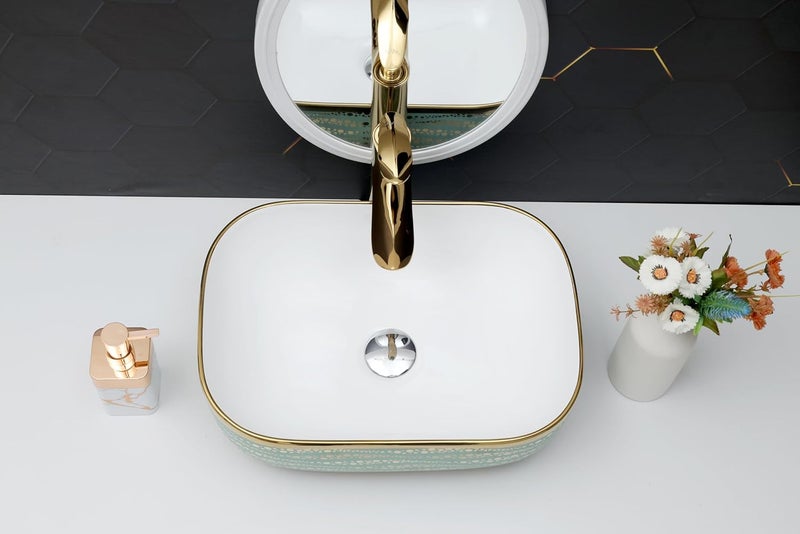 ACRAVIT CERAMIC Designer Table Top Ceramic Wash Basin Vessel Sink with Slim Rim Collapsible Countertop Basin OverCounter Bathroom Sink Green Golden446 X 320 X 135 MM - Image 2