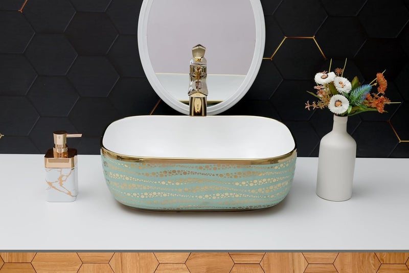 ACRAVIT CERAMIC Designer Table Top Ceramic Wash Basin Vessel Sink with Slim Rim Collapsible Countertop Basin OverCounter Bathroom Sink Green Golden446 X 320 X 135 MM - Image 3