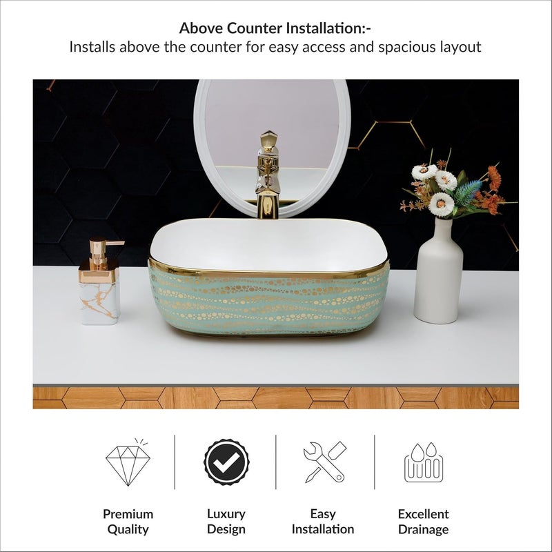 ACRAVIT CERAMIC Designer Table Top Ceramic Wash Basin Vessel Sink with Slim Rim Collapsible Countertop Basin OverCounter Bathroom Sink Green Golden446 X 320 X 135 MM - Image 4