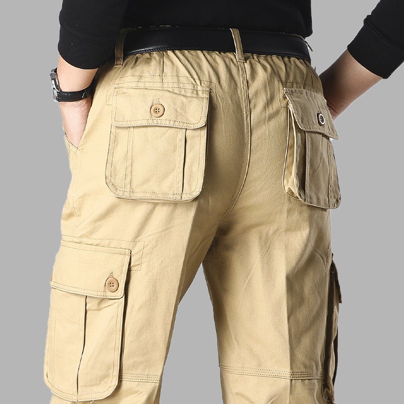 Pure Cotton Durable Multi-Pocket Cargo Pants Straight-Leg Khaki Large Pocket Loose Plus-Size Casual Pants - Image 3