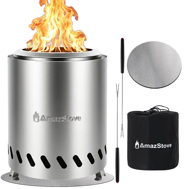 AmazStove موقد نار طاولة 9.7 × 7.1 بوصة من أمازستوف، موقد تخييم منخفض الدخان للاحتراق الآمن في الهواء الطلق، يعمل بالحبوب أو الخشب، حقيبة سفر متضمنة (فضي، 9.7 × 7.1 بوصة) - Image 1