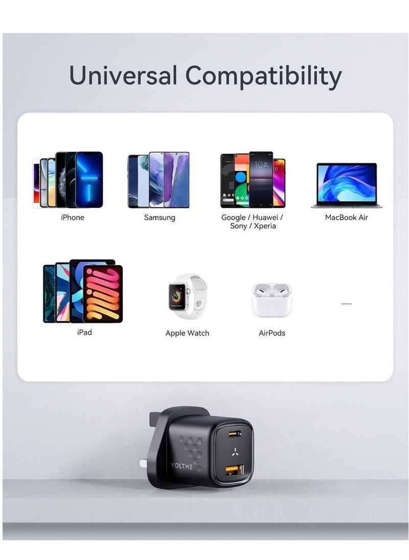 VOLTME - 30W GaN3 Dual Port USB-C Power Adapter | Fast Charging Wall Charger for iPhone 16 Pro/Max/Plus Series, iPhone 15 Pro/Max/15/15 Plus, iPhone 14/13/12, iPad, MacBook Air, Samsung Galaxy S24/S23/S22/S21, and More | PD 30W for Efficient Power Delivery- Black - Image 1
