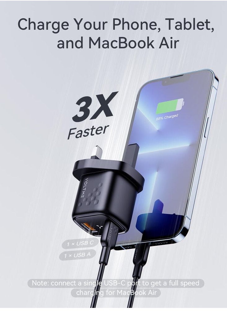 VOLTME - 30W GaN3 Dual Port USB-C Power Adapter | Fast Charging Wall Charger for iPhone 16 Pro/Max/Plus Series, iPhone 15 Pro/Max/15/15 Plus, iPhone 14/13/12, iPad, MacBook Air, Samsung Galaxy S24/S23/S22/S21, and More | PD 30W for Efficient Power Delivery- Black - Image 1