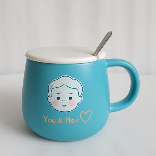 Spooky 1Piece Cute High-Value Ceramic Mug – Home Breakfast & Office Coffee Cup with Lid & Spoon – Perfect for Couples, Students, and Gift-Giving – 400ml (Blue+White) - Image 1