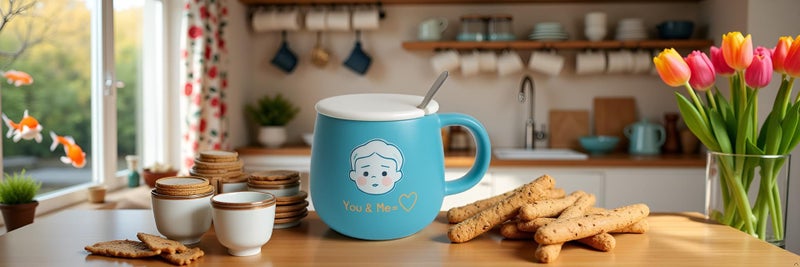 Spooky 1Piece Cute High-Value Ceramic Mug – Home Breakfast & Office Coffee Cup with Lid & Spoon – Perfect for Couples, Students, and Gift-Giving – 400ml (Blue+White) - Image 4