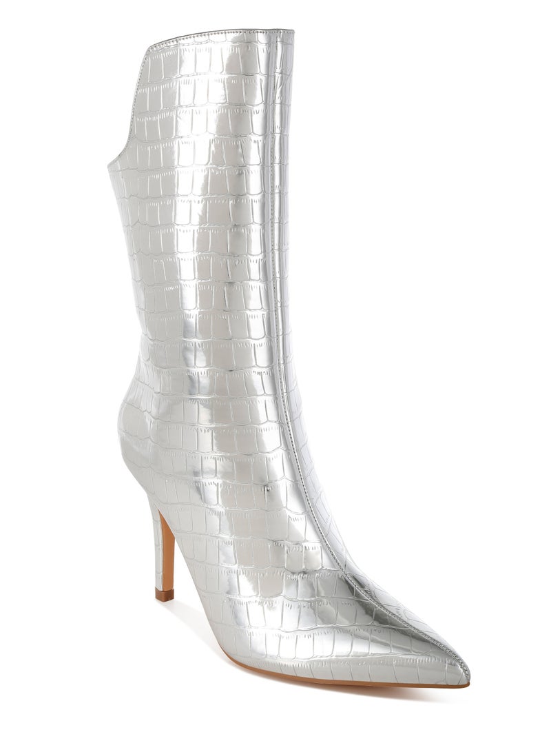 لندن راج أحذية لندن راغ النسائية ذات الكعب العالي المدبب بنقشة جلد التمساح، تصل إلى منتصف الساق، باللون الفضي - Image 2