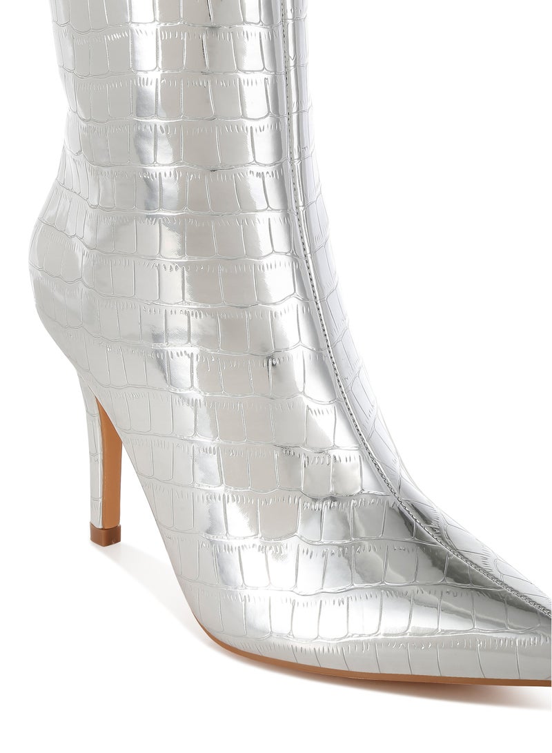 لندن راج أحذية لندن راغ النسائية ذات الكعب العالي المدبب بنقشة جلد التمساح، تصل إلى منتصف الساق، باللون الفضي - Image 5