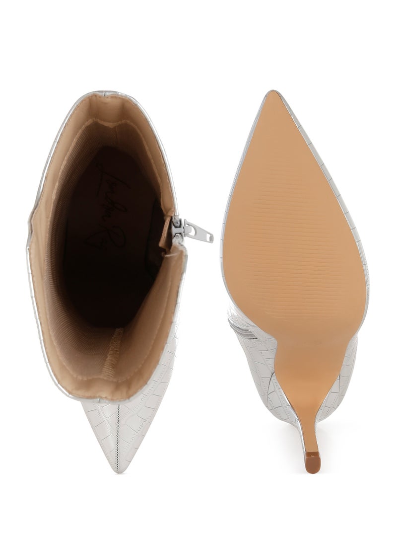 لندن راج أحذية لندن راغ النسائية ذات الكعب العالي المدبب بنقشة جلد التمساح، تصل إلى منتصف الساق، باللون الفضي - Image 4