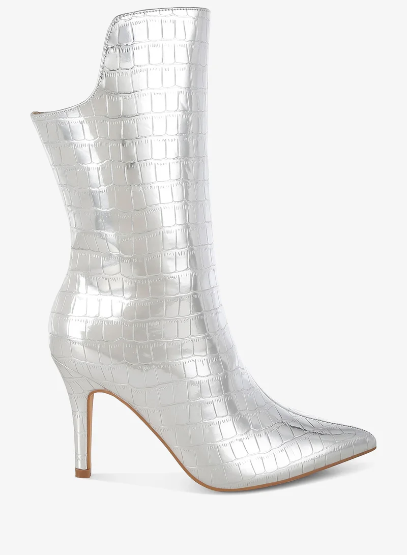 London Rag London Rag Women's Croco Stiletto Heel Mid-Calf Boots in Silver
