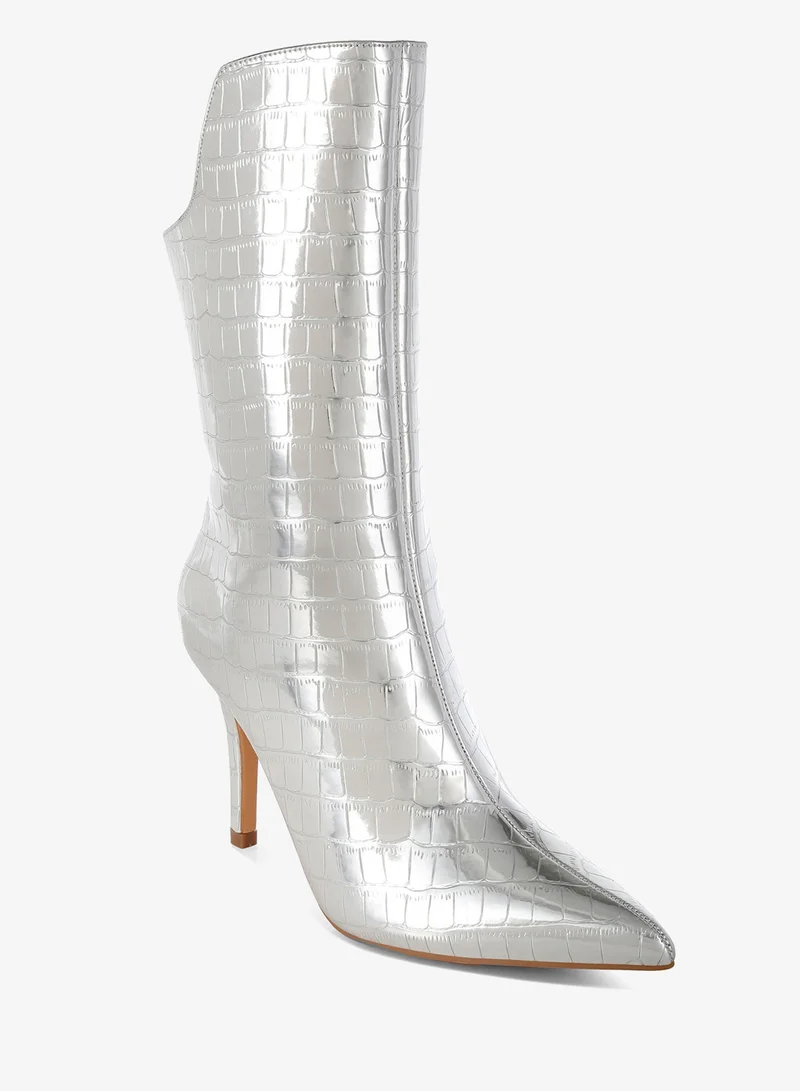London Rag London Rag Women's Croco Stiletto Heel Mid-Calf Boots in Silver