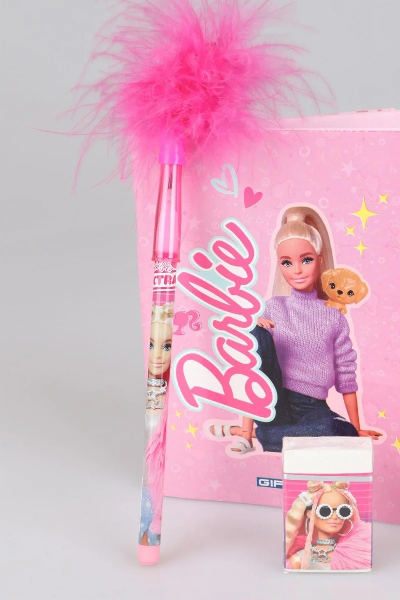 Barbie New Season Licensed Notebook, Feathered Pencil and Eraser Set