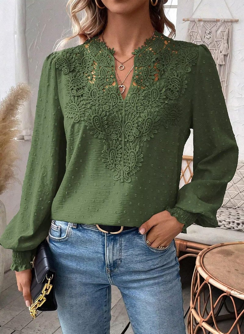 Falechay Green Tops Chiffon Flowy Swiss Dots Green Blouses For Women Cute Boho Pullover V Neck Loose Long Sleeve 2025 Xl - Image 2