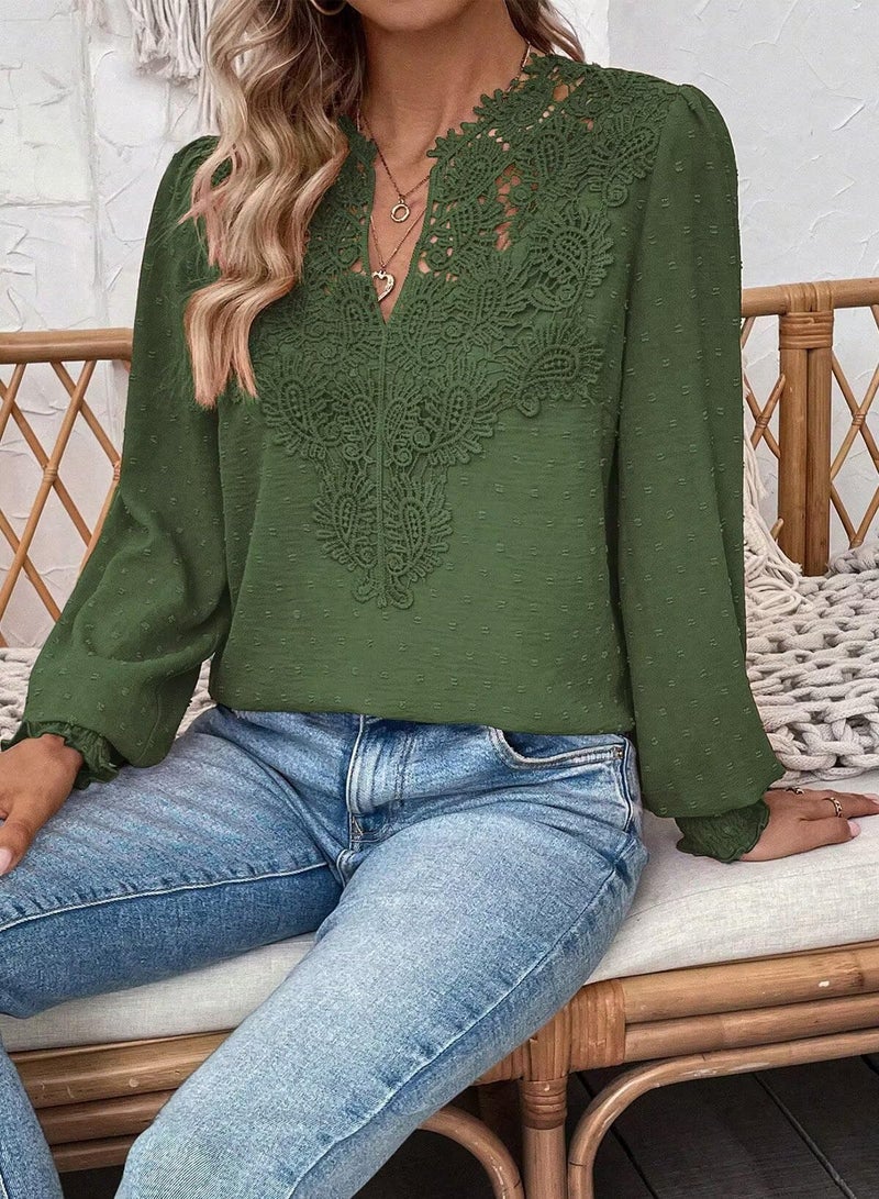 Falechay Green Tops Chiffon Flowy Swiss Dots Green Blouses For Women Cute Boho Pullover V Neck Loose Long Sleeve 2025 Xl - Image 3