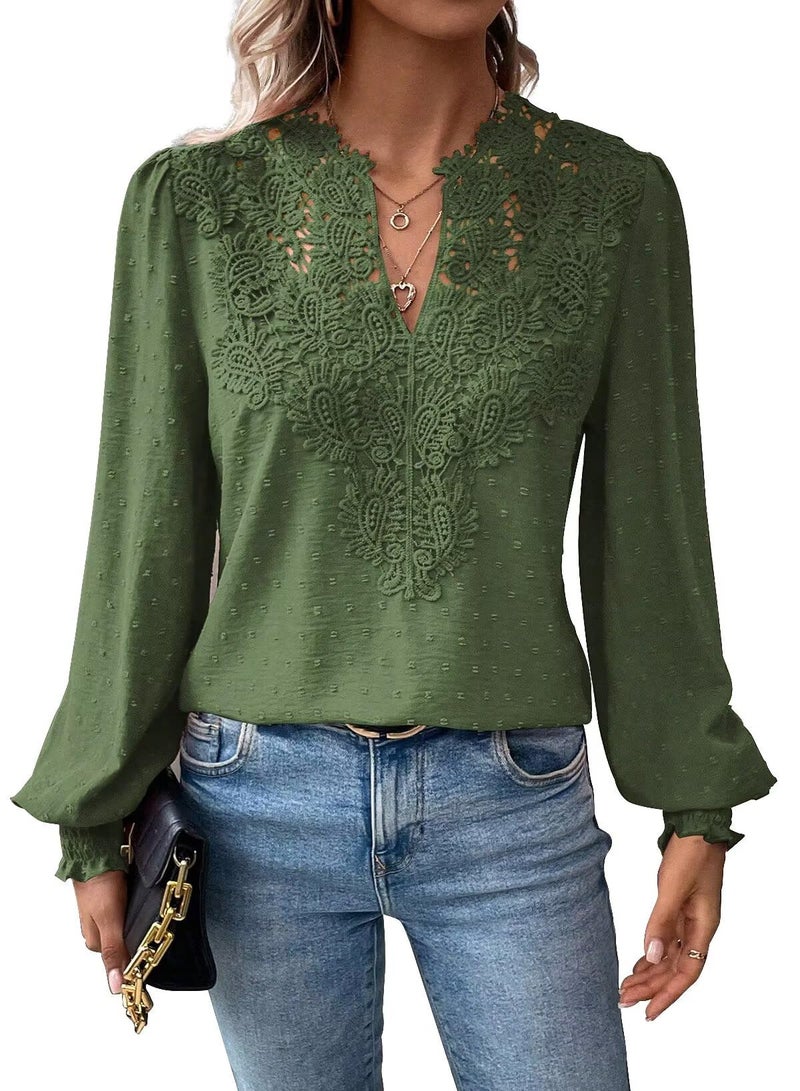 Falechay Green Tops Chiffon Flowy Swiss Dots Green Blouses For Women Cute Boho Pullover V Neck Loose Long Sleeve 2025 Xl - Image 1