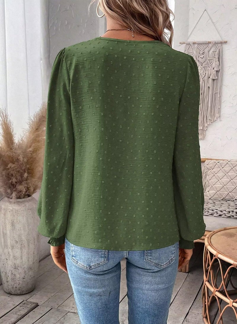 Falechay Green Tops Chiffon Flowy Swiss Dots Green Blouses For Women Cute Boho Pullover V Neck Loose Long Sleeve 2025 Xl - Image 5