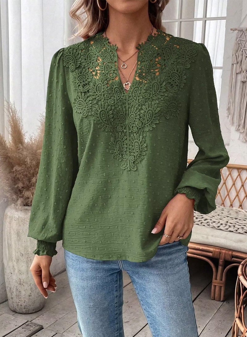 Falechay Green Tops Chiffon Flowy Swiss Dots Green Blouses For Women Cute Boho Pullover V Neck Loose Long Sleeve 2025 Xl - Image 4