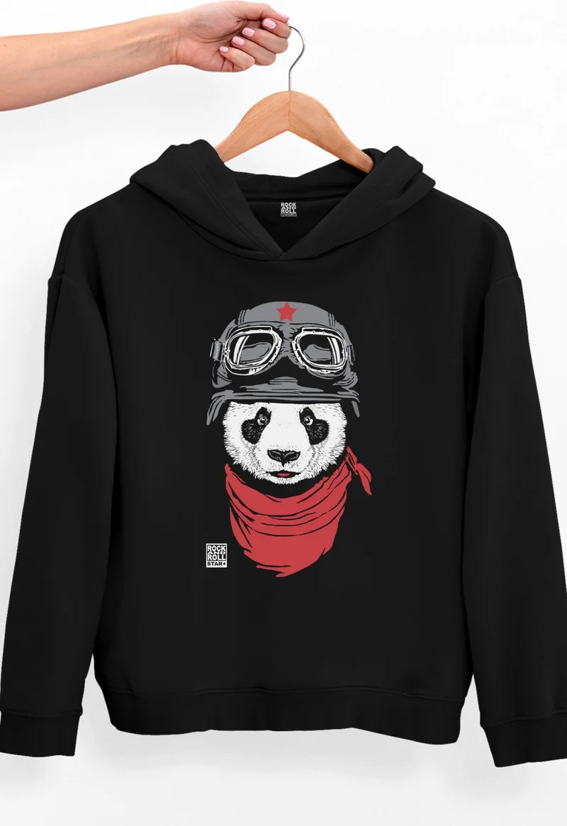 Rock&Roll Rock & Roll Bandana Panda Black Oversize Hooded Thick Women's Sweatshirt